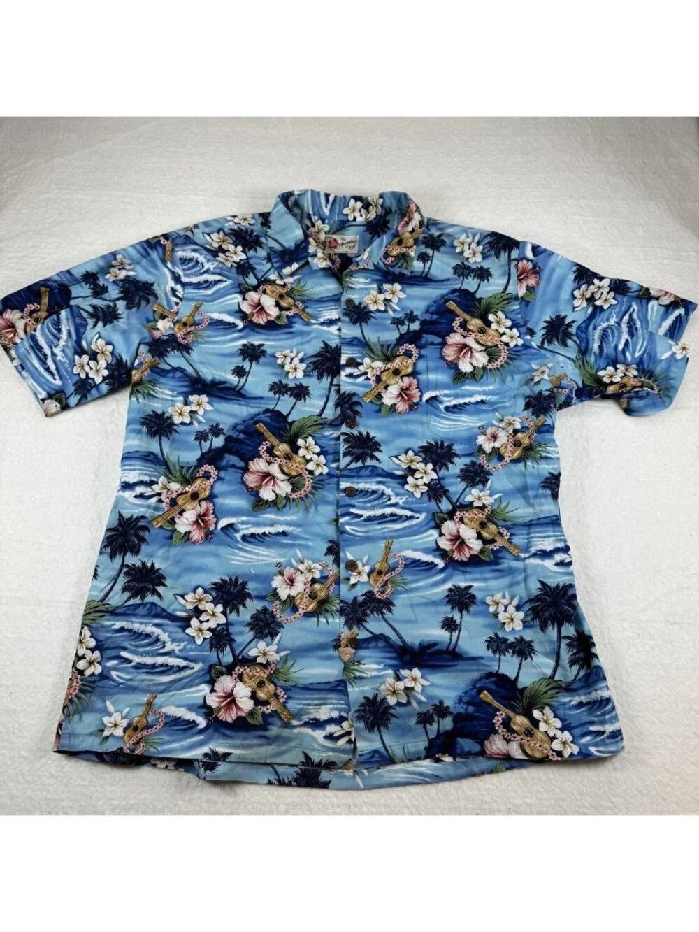 Hilo Hattie Shirt Mens Size 2XL Blue Hawaiian Floral Cotton Button Up Aloha